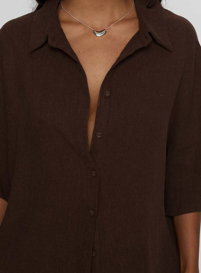 Peni Linen Button Down Top Chocolate