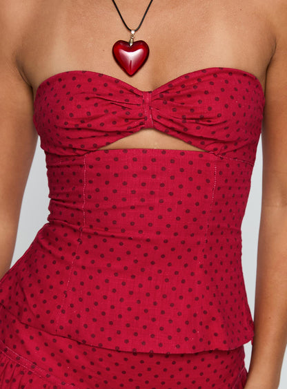 Kandee Twist Linen Blend Top Red Polka