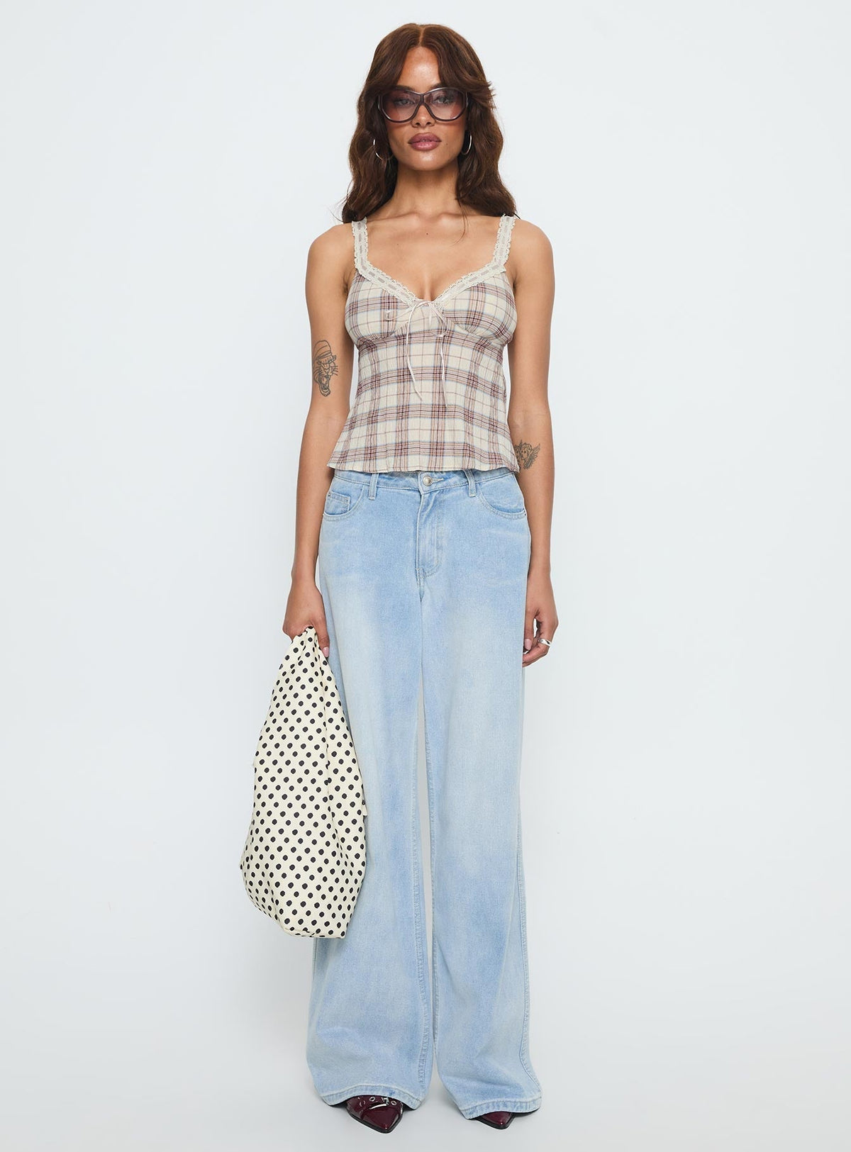 Pretty It Up Tie Detail Top Beige Check