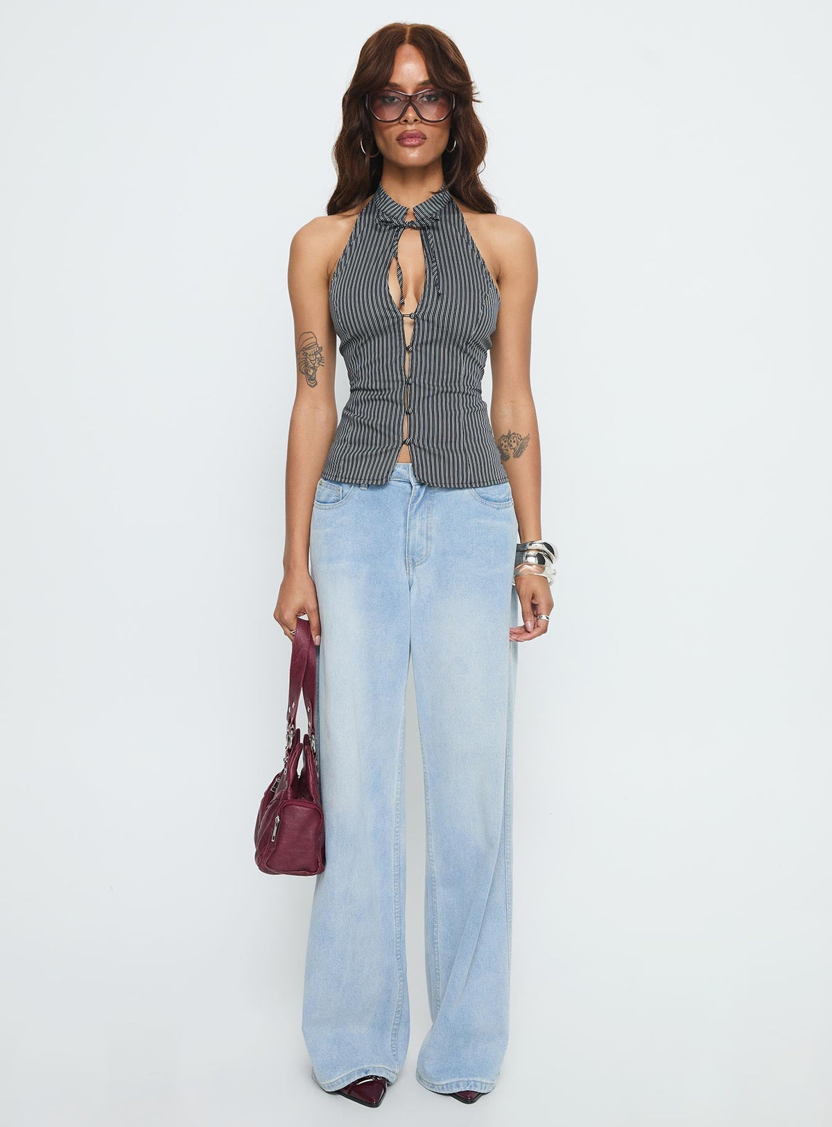 Tiarra Keyhole Sleeveless Top Black Stripe