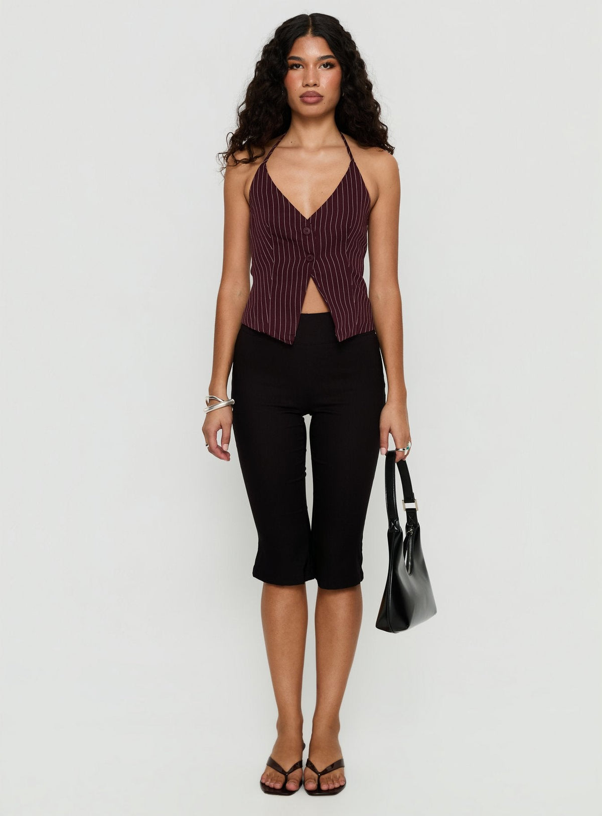 No Sleep Halter Top Burgundy Pinstripe