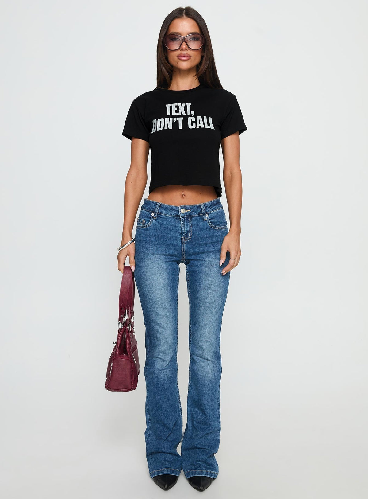 Text, Don't Call Shimmer Graphic Top Black