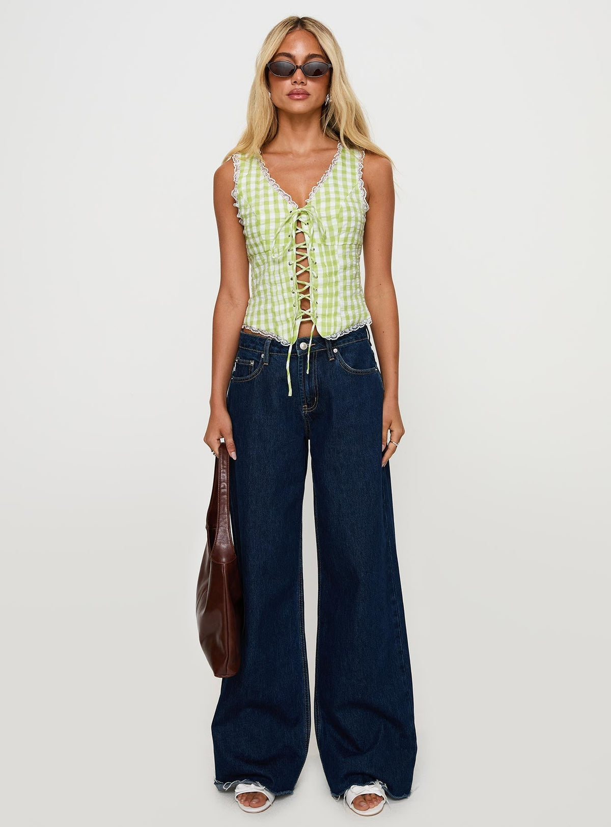 Wayland Tie Up Lace Trim Top Green Check