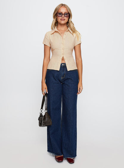Lift Off Button Up Top Cream / Navy Stripe