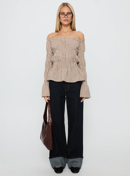 Kaitlynne Off Shoulder Long Sleeve Top Brown Check