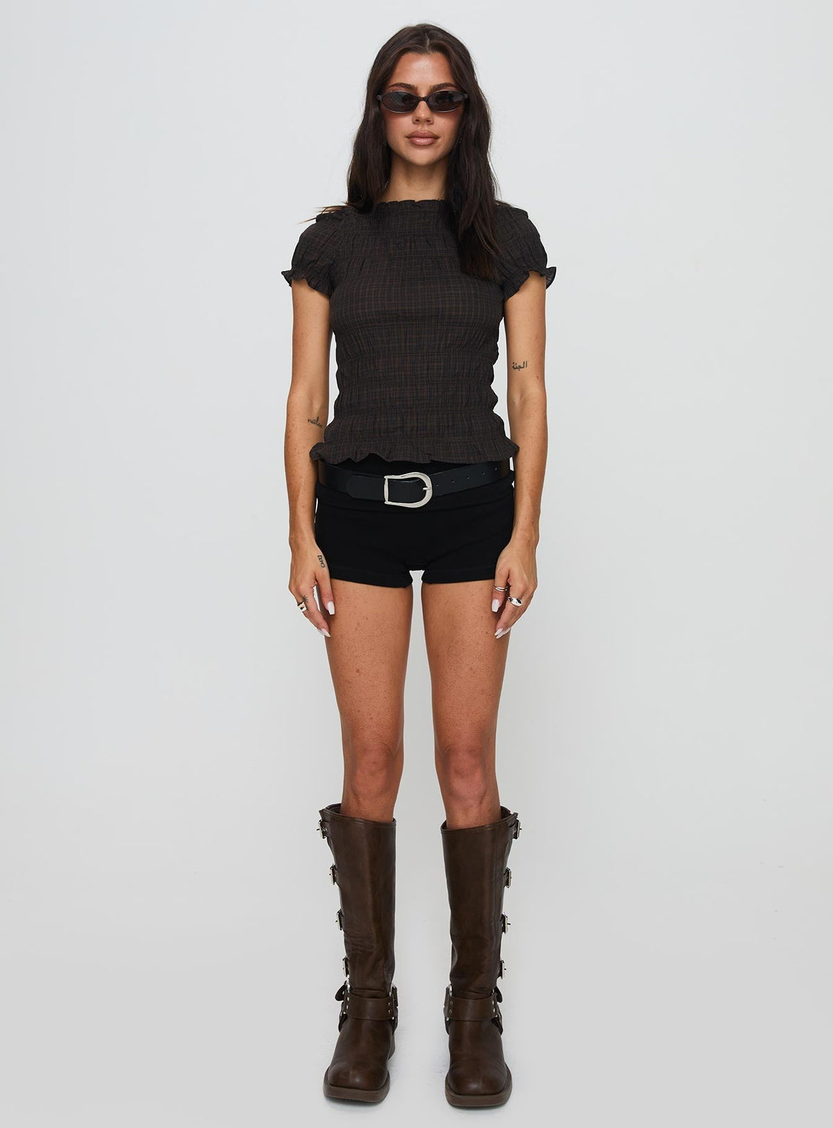 Romelle Shirred Top Black / Brown Plaid Petite