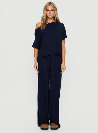Cozy Hour Sleep Relaxed Off Shoulder Top Navy