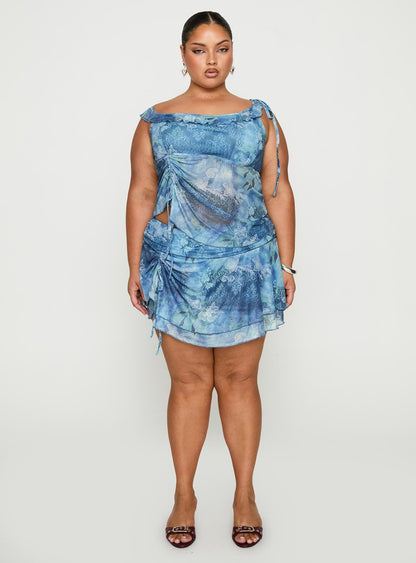 Rosee Off Shoulder Frill Top Blue Mutli Curve