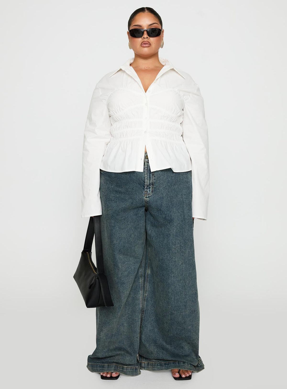 Liesel Shirred Long Sleeve Top White Curve