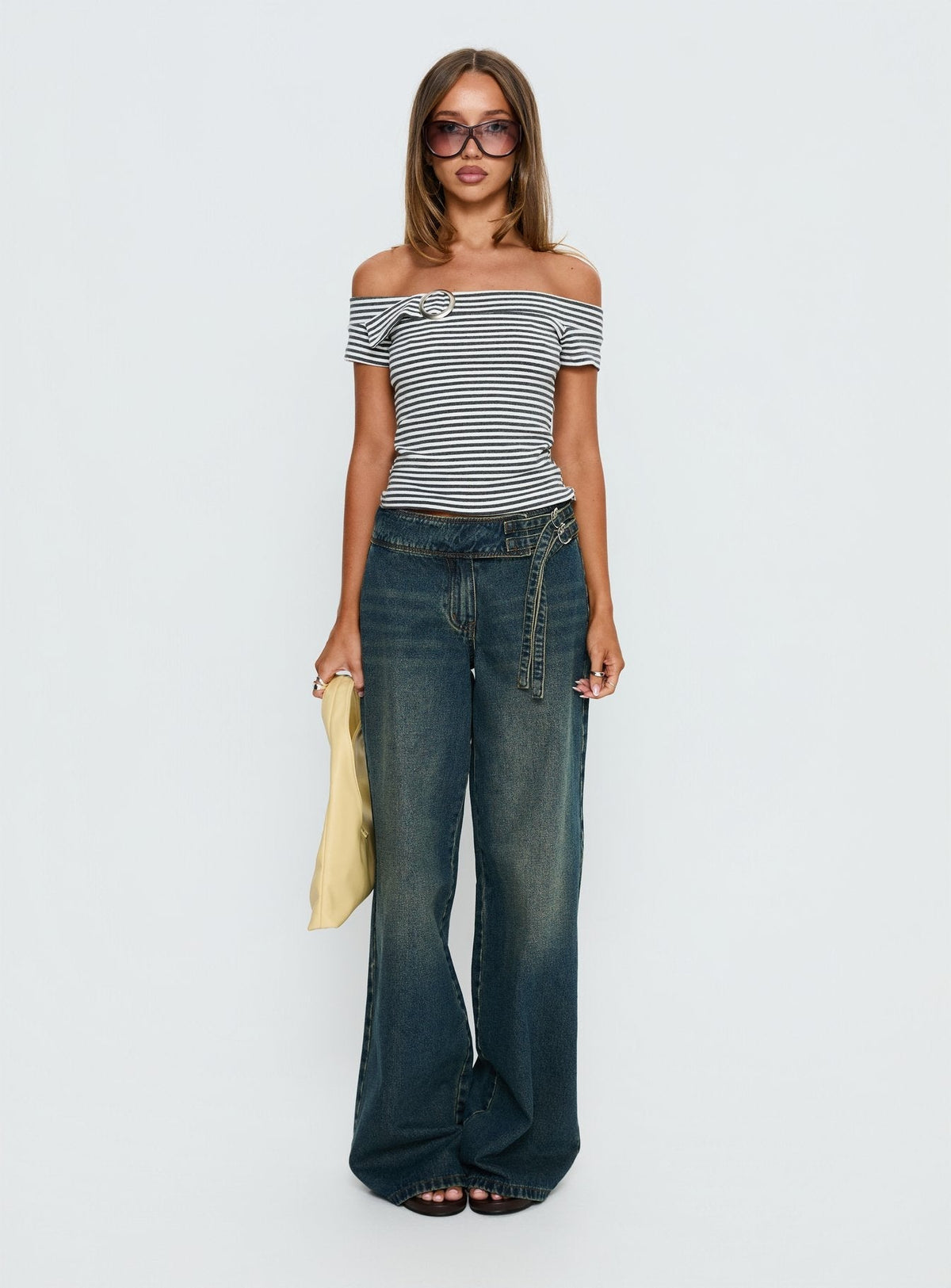 Kiela Off Shoulder Hardware Detail Top Grey / White Stripe