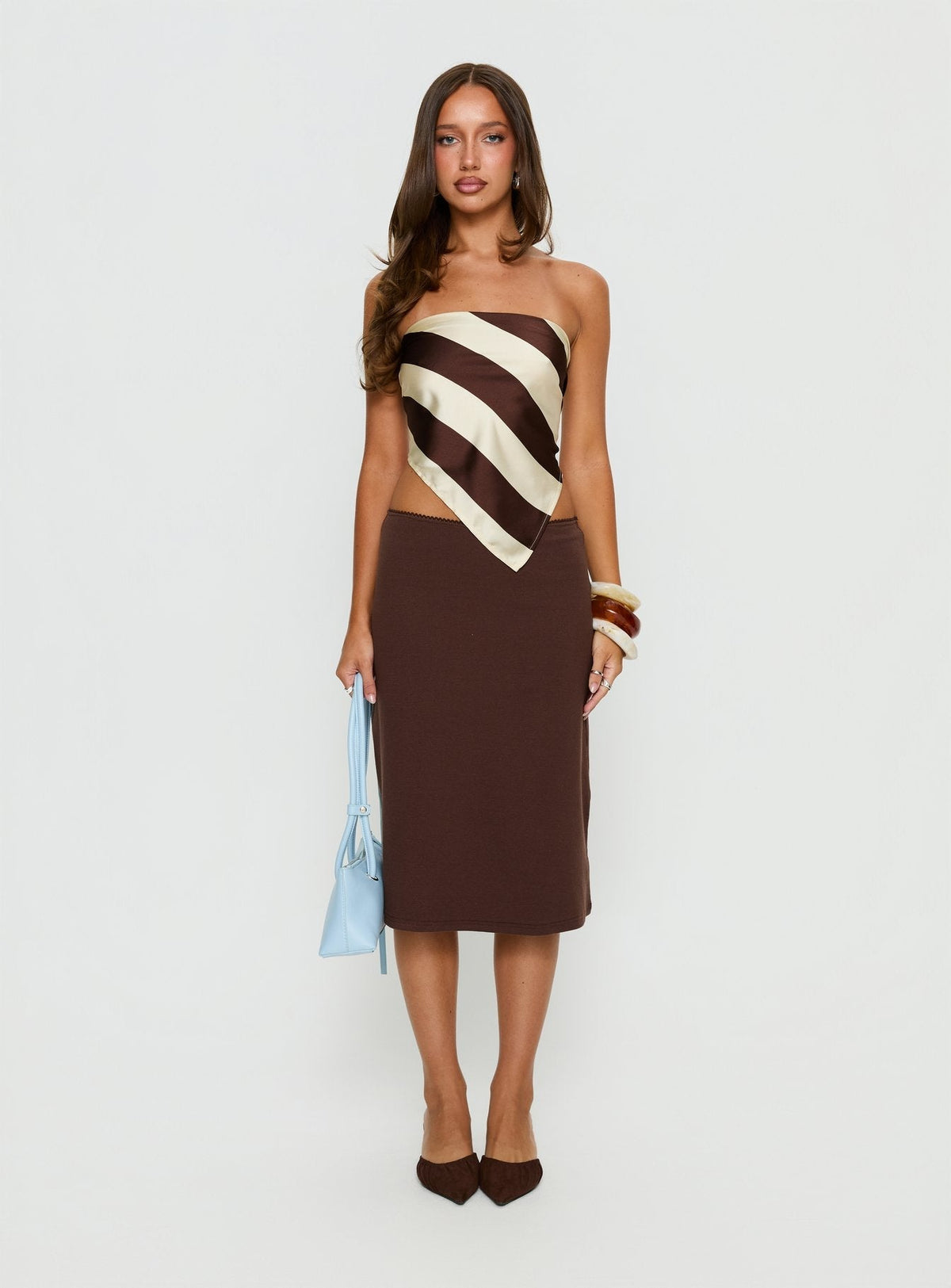Lailana Tie Back Strapless Scarf Top Brown Stripe