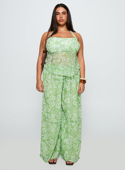 Finesse Halter Top Green Floral Curve