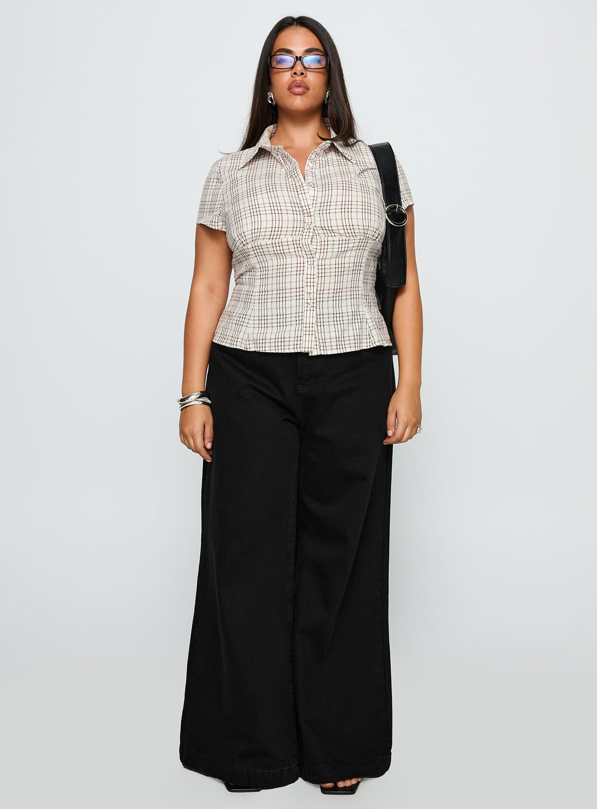 Cottesloe Blouse Top Brown Check Curve