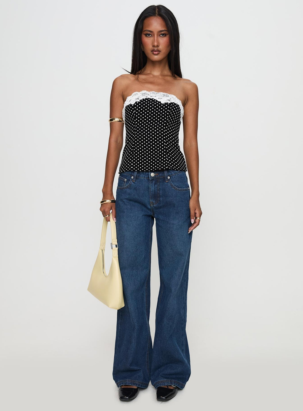 Ettore Lace Trim Strapless Top Black Polka