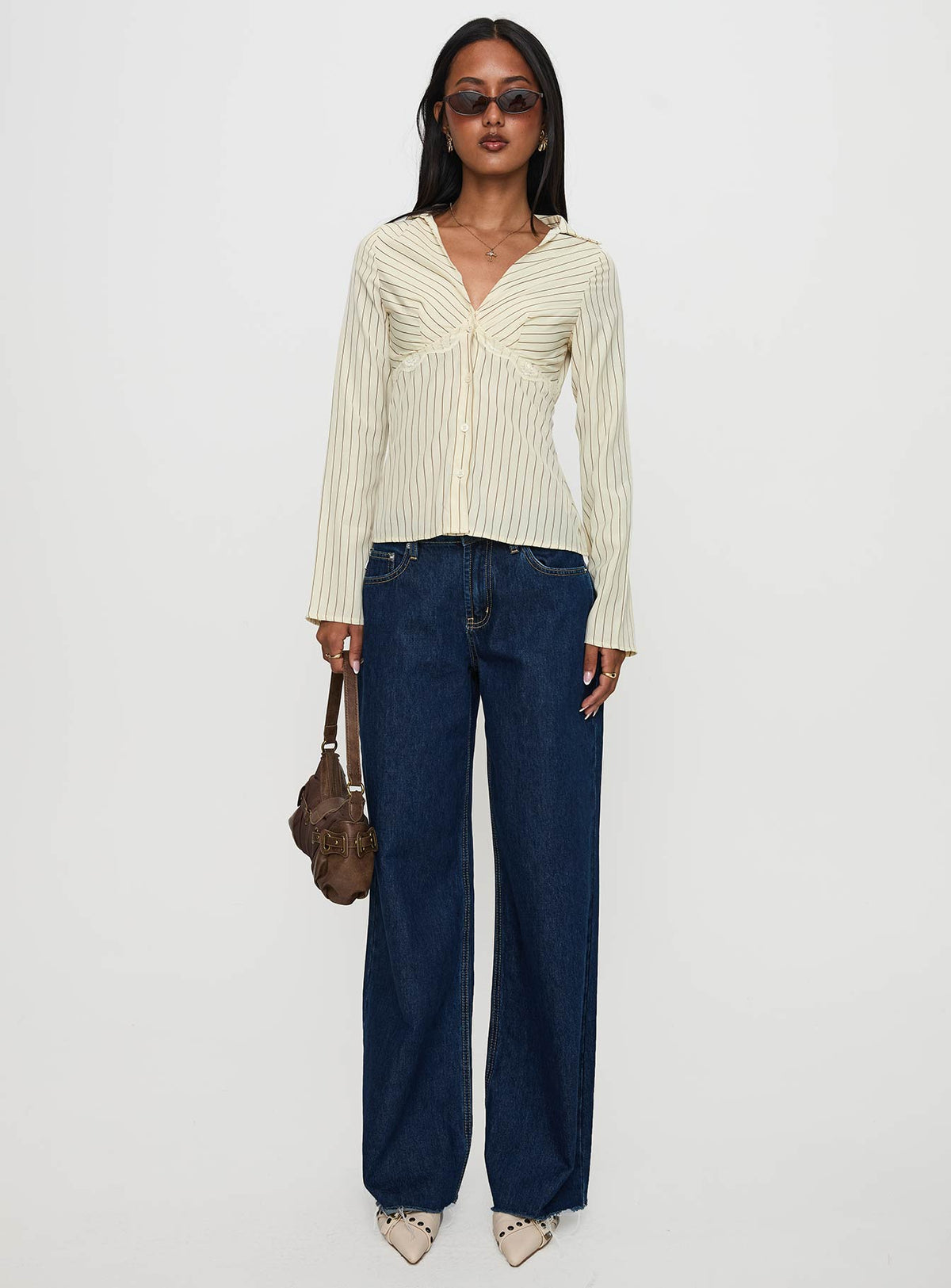 Life Begins Long Sleeve Lace Trim Top Cream Stripe