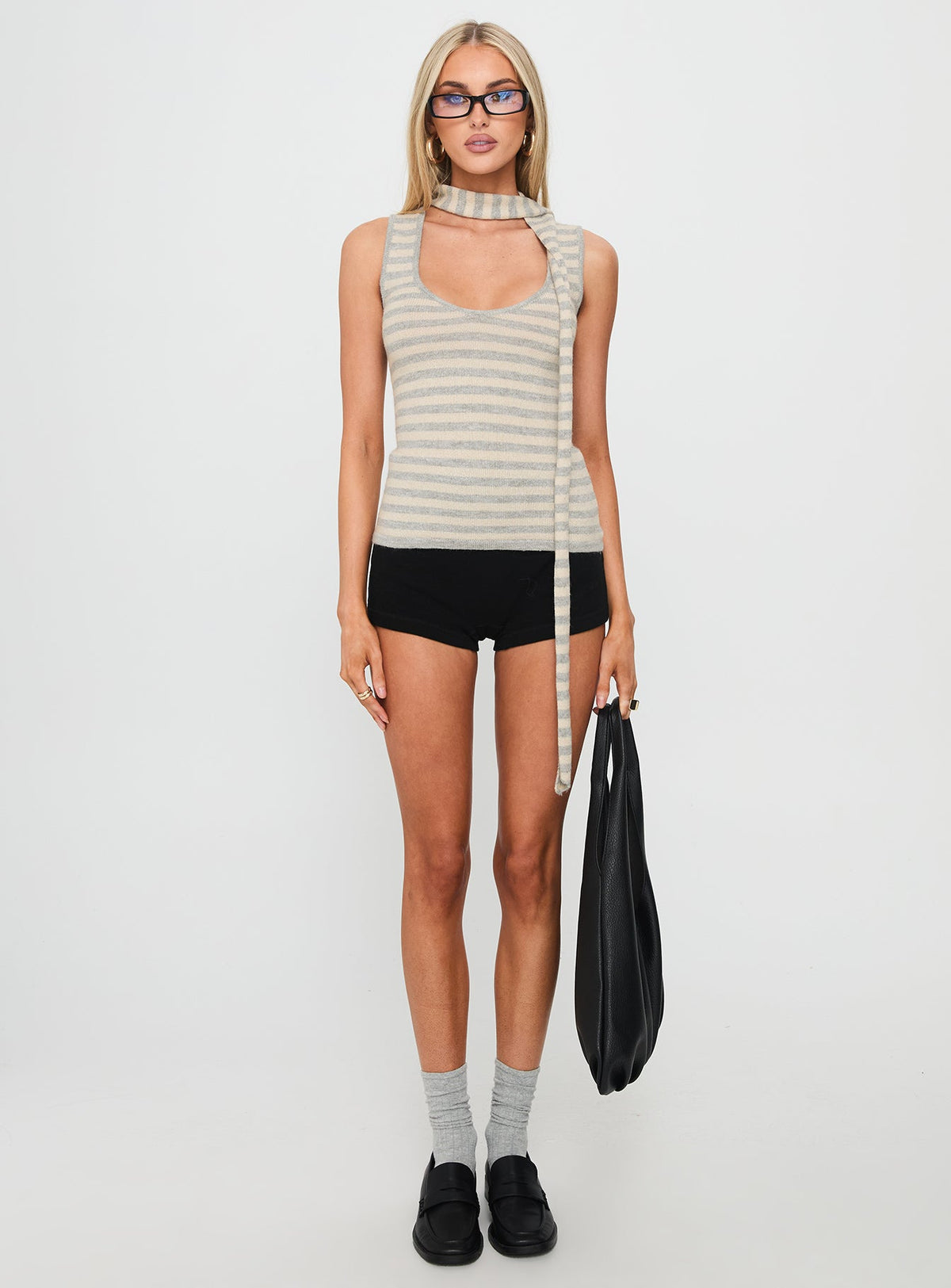 Roana Reversible Scarf Tie Knit Top Grey Stripe