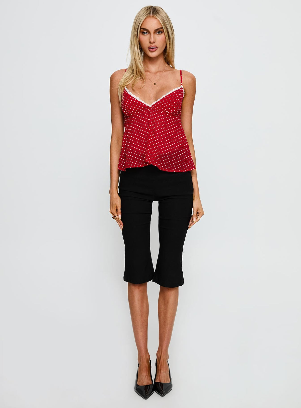 Darlyne Lace Trim Cami Top Red Polka