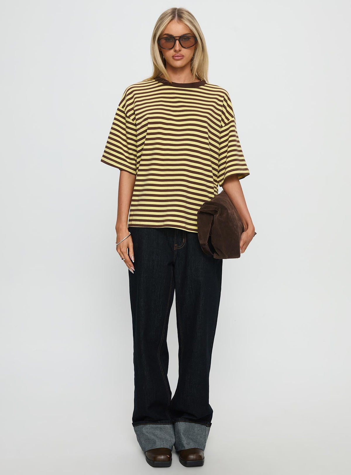 Settle Down Short Sleeve Top Yellow / Brown Stripe