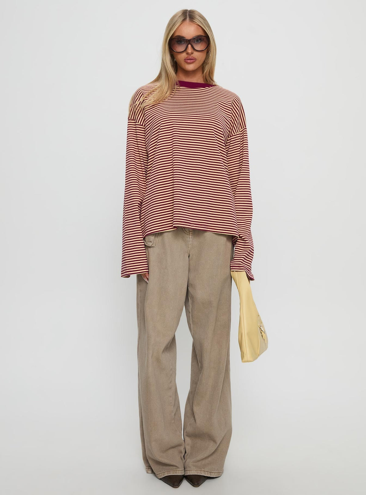 Settle Down Long Sleeve Top Lemon / Burgundy Stripe