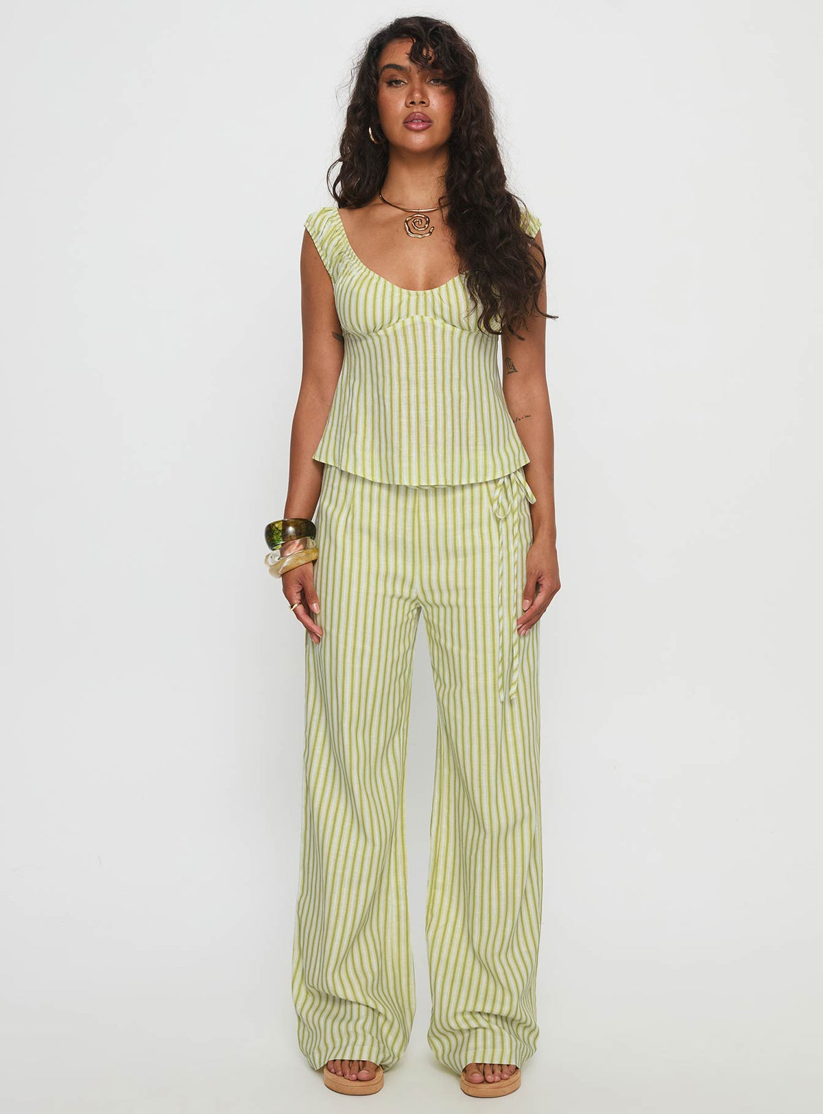 With Pleasure Puff Sleeve Linen Blouse Top Green / Blue Stripe