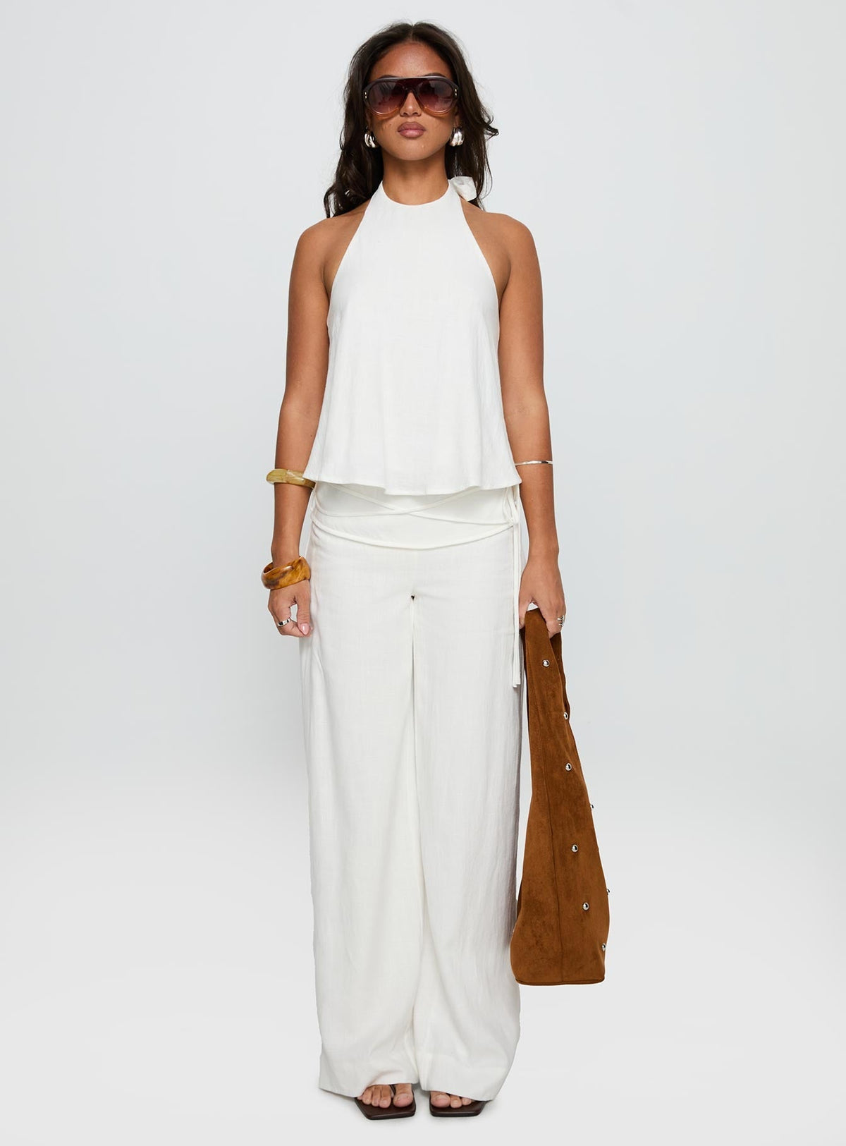 Aquaria Halter Linen Blend Top White