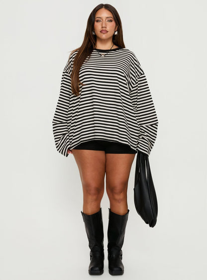 Settle Down Long Sleeve Top Black / White Stripe Curve