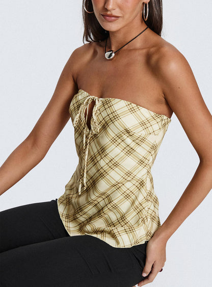 I Wonder Strapless Cut Out Top Yellow Check