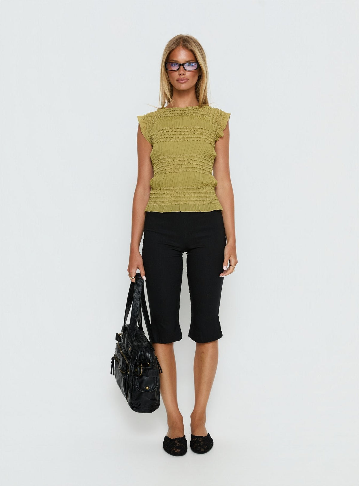 Talyn Cap Sleeve Frill Top Olive