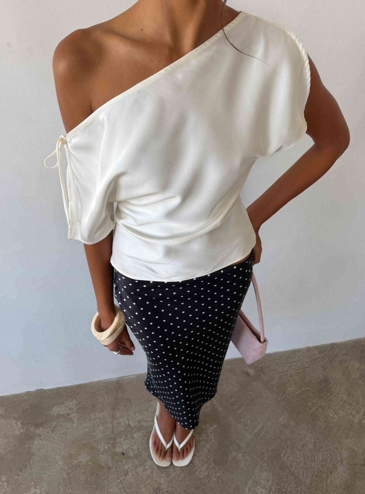 Faisa Off Shoulder Satin Top Cream