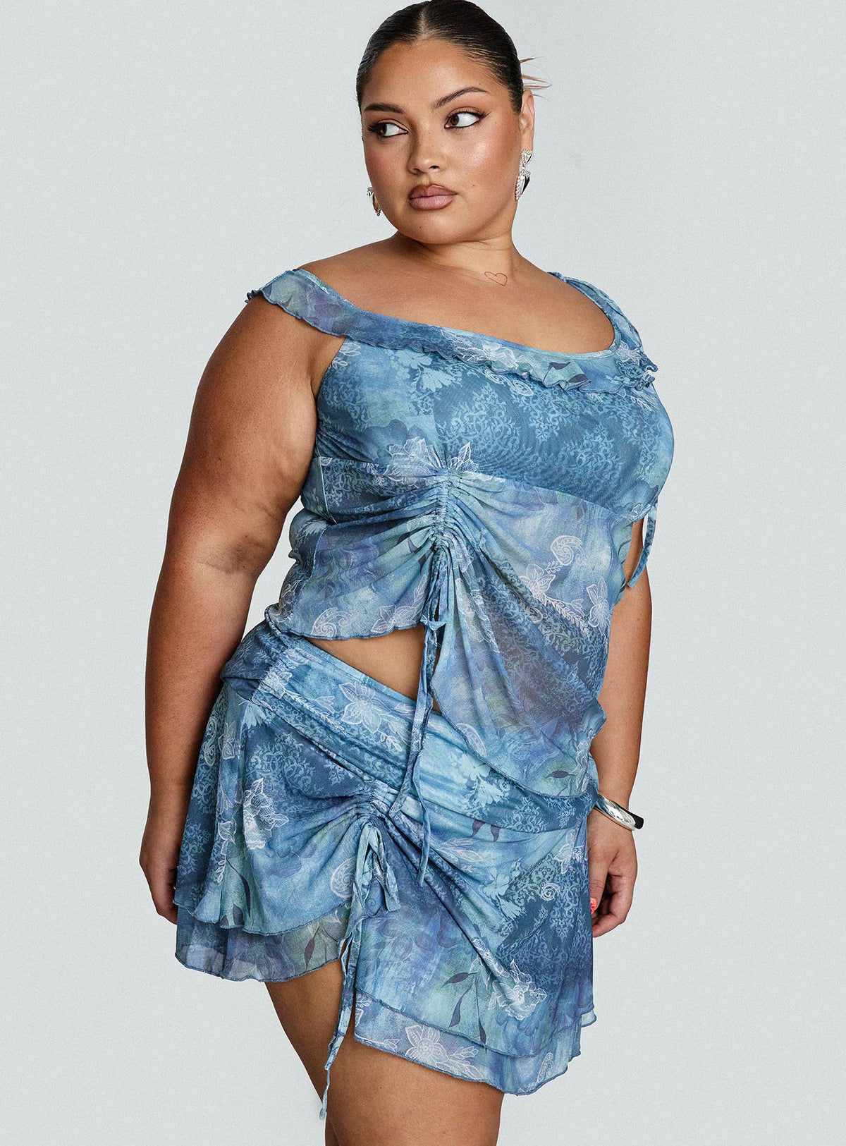 Rosee Off Shoulder Frill Top Blue Mutli Curve