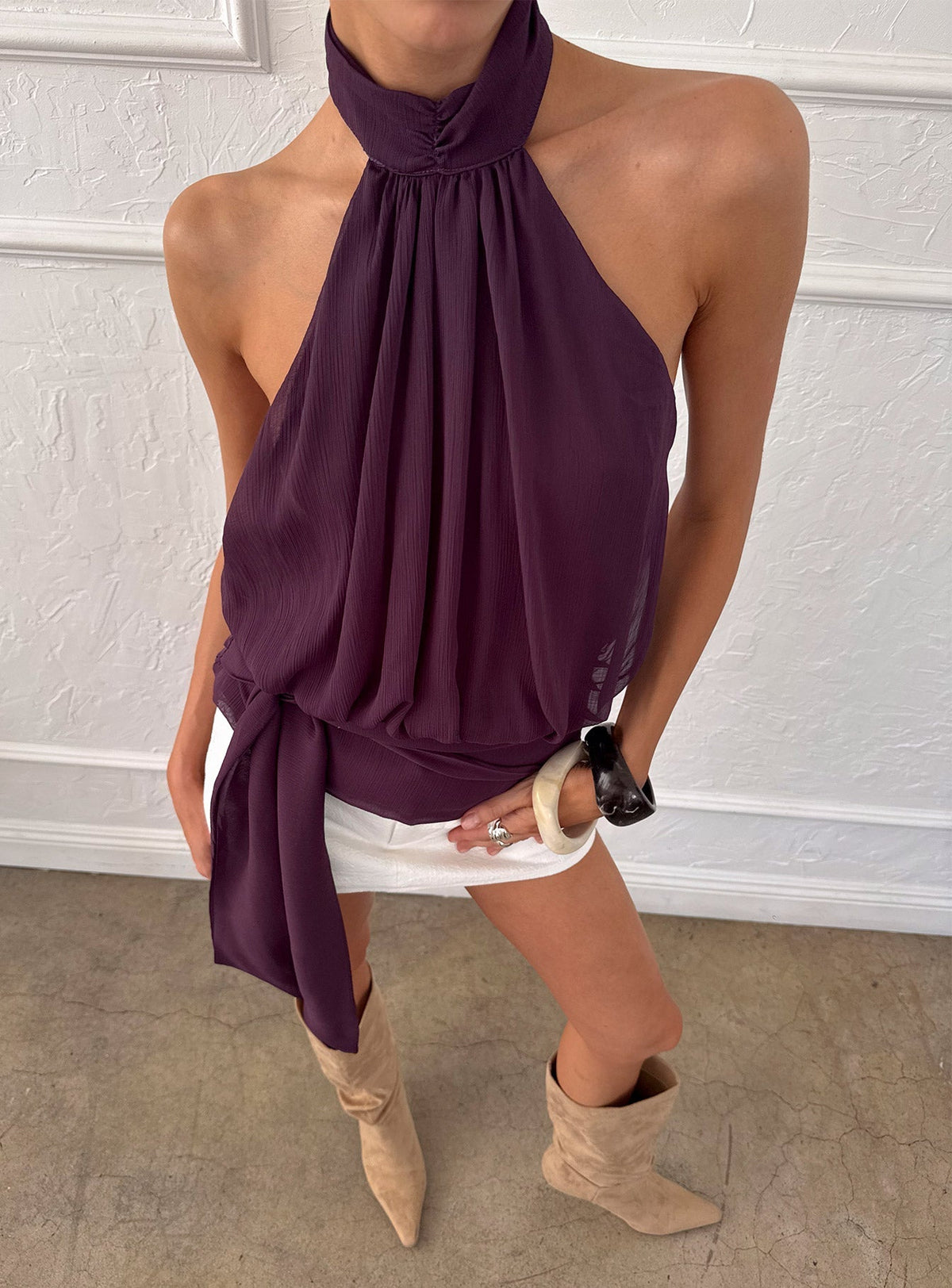 Faythe High Neck Tie Top Berry