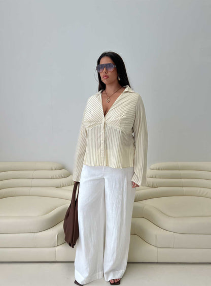 Life Begins Long Sleeve Lace Trim Top Cream Stripe Curve