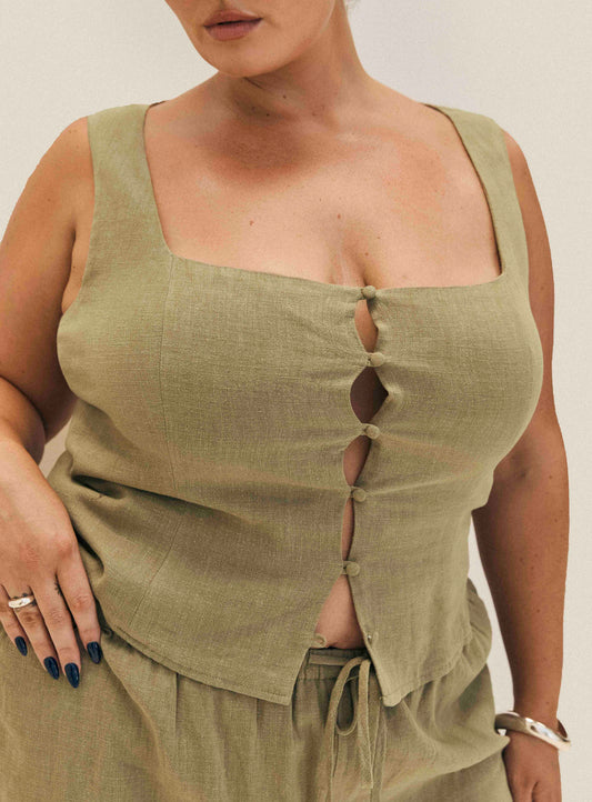 Zenda Linen Blend Top Olive Curve