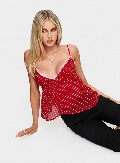 Darlyne Lace Trim Cami Top Red Polka