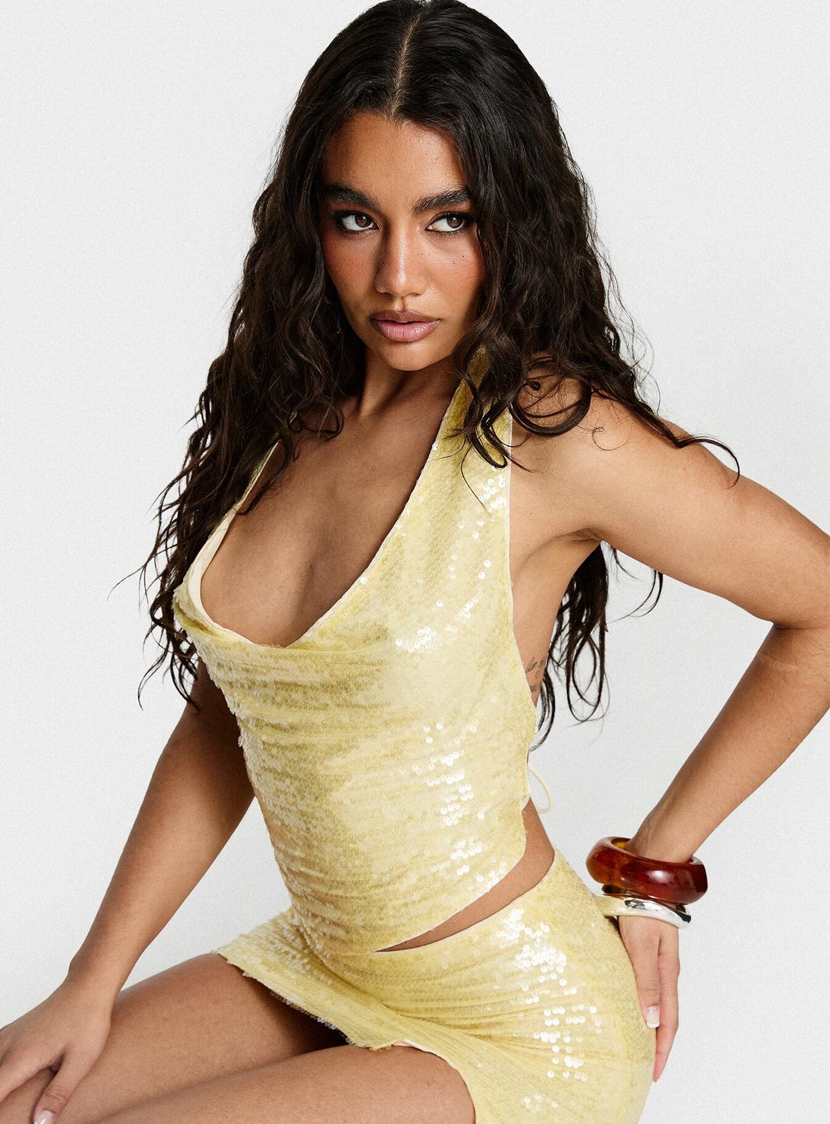 Katryna Plunge Neck Sequin Top Yellow