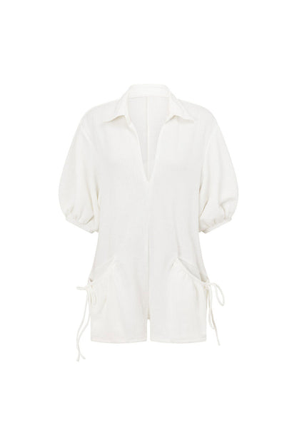 White Collar V Neck Puff Sleeve Airlie Playsuit