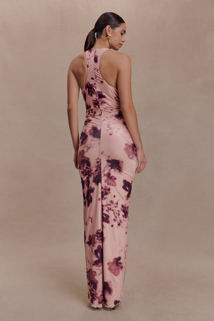 Alessandra Slinky Ruffle Maxi Dress - Pink Blurred Floral Print