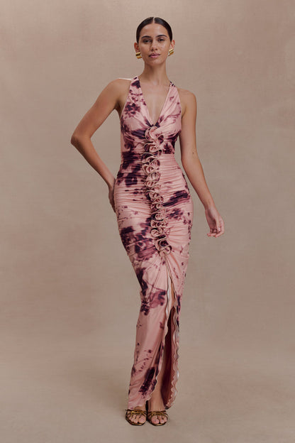 Alessandra Slinky Ruffle Maxi Dress - Pink Blurred Floral Print