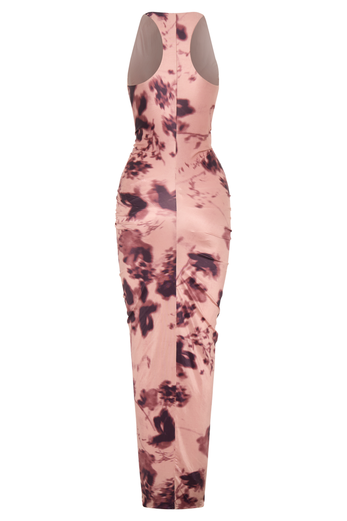 Alessandra Slinky Ruffle Maxi Dress - Pink Blurred Floral Print