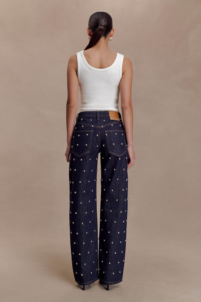 Alima Mid Rise Stud Denim Jeans - Washed Indigo Blue