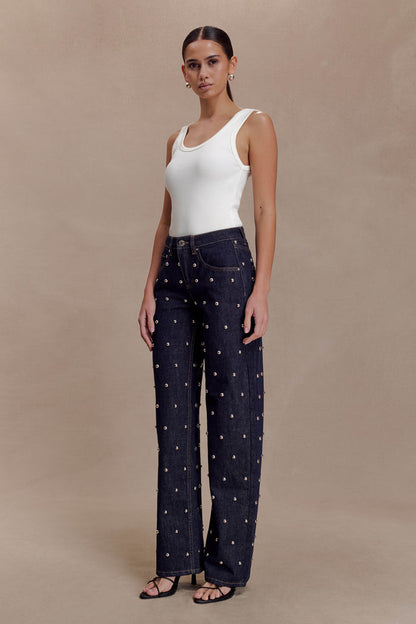 Alima Mid Rise Stud Denim Jeans - Washed Indigo Blue