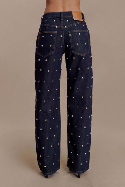 Alima Mid Rise Stud Denim Jeans - Washed Indigo Blue