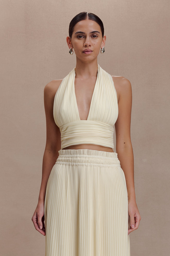 Amaris Sleeveless Plisse Halter Top - Lemon