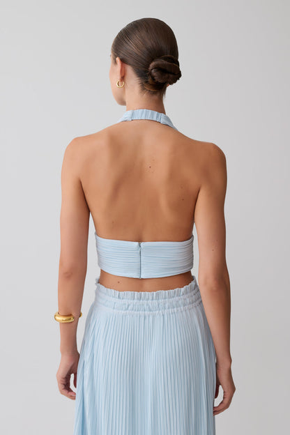 Amaris Sleeveless Plisse Halter Top - Pale Blue