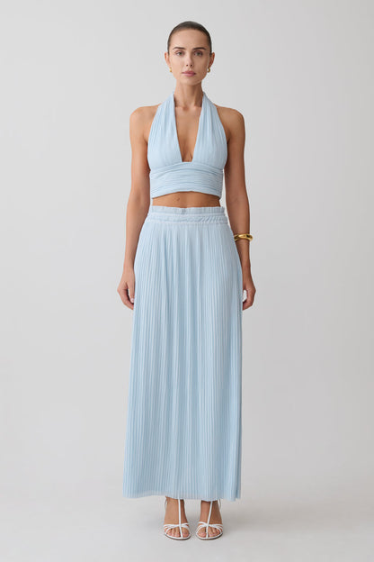 Amaris Sleeveless Plisse Halter Top - Pale Blue
