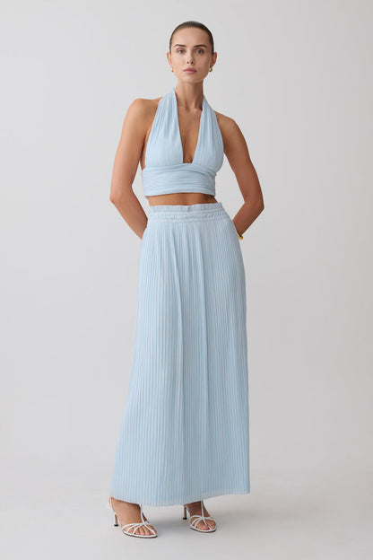 Amaris Sleeveless Plisse Halter Top - Pale Blue