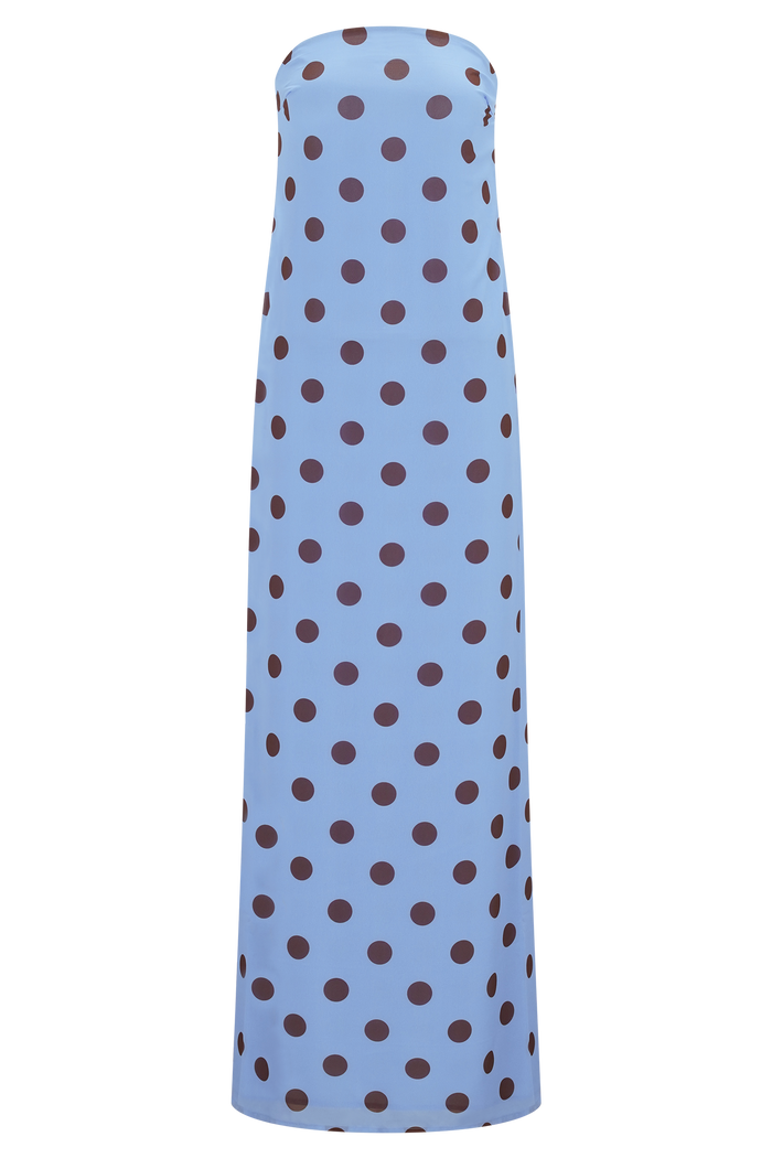 Amaya Strapless Chiffon Maxi Dress - Blue Polka Dot