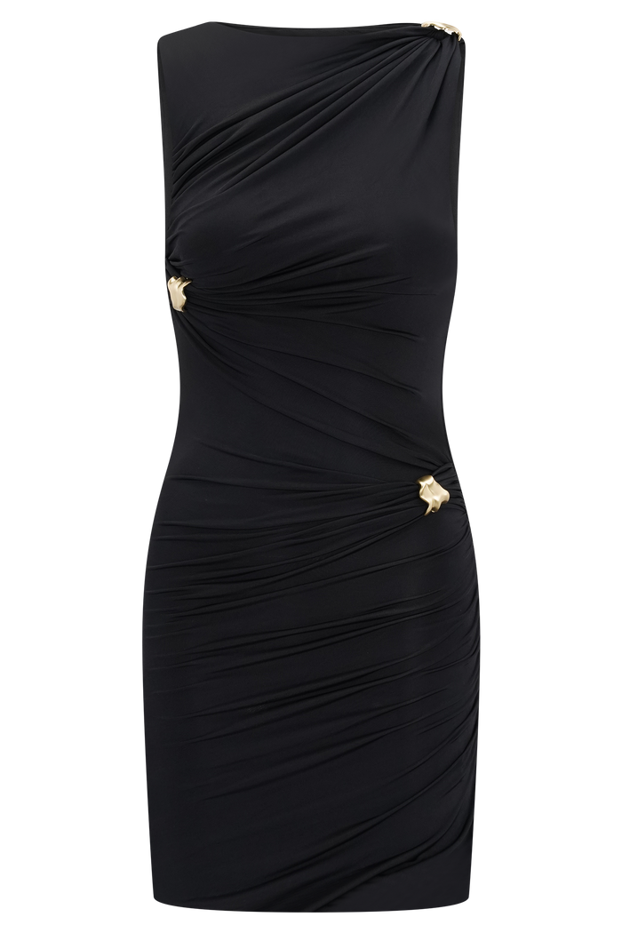 Amia Slinky Sleeveless Mini Dress With Hardware - Black