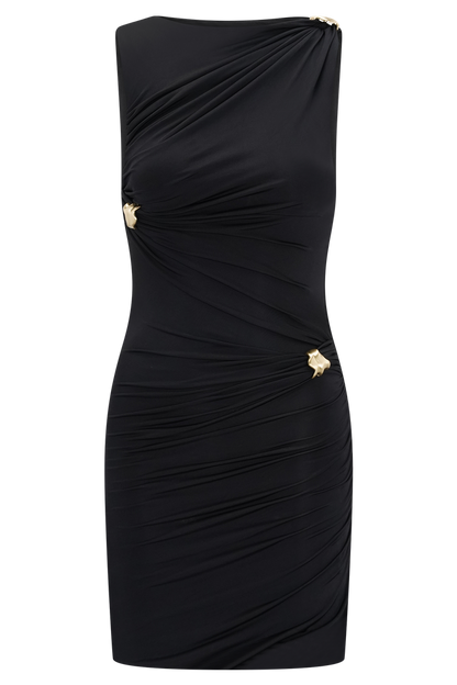 Amia Slinky Sleeveless Mini Dress With Hardware - Black