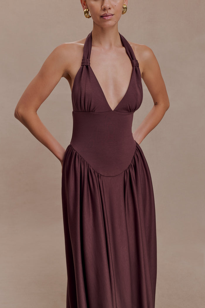 Angelina Scuba Halter Midi Dress - Chocolate